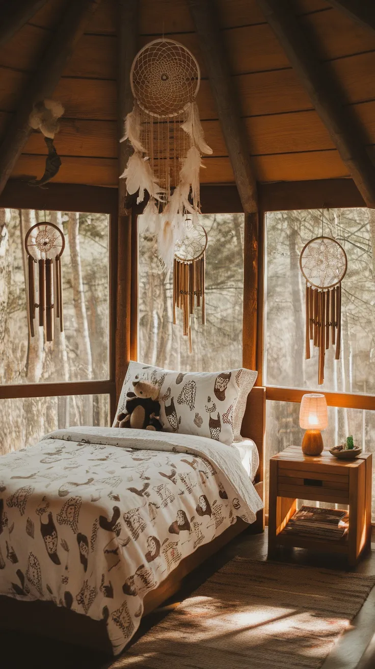 A cozy bedroom featuring dreamcatchers and wooden wind chimes, surrounded by nature.