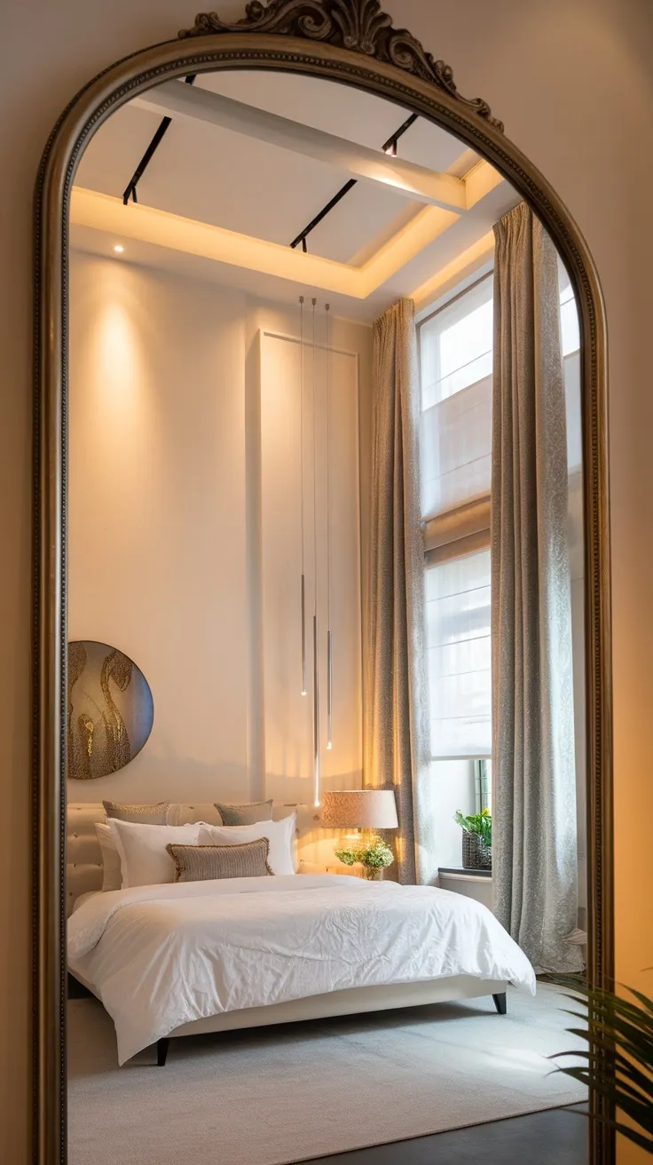 A stylish bedroom featuring elegant drapery and modern curtain rods, reflecting cozy lighting and a polished atmosphere.
