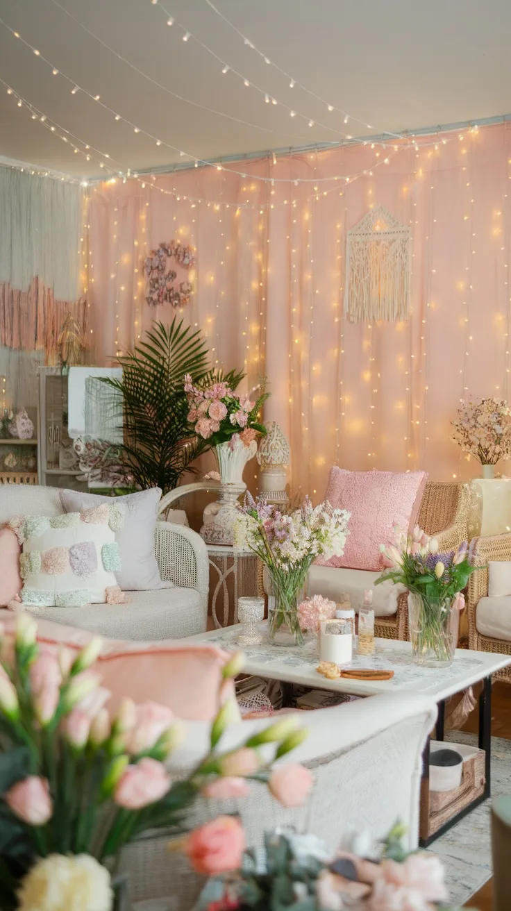 Cozy living room with fairy lights and floral decor