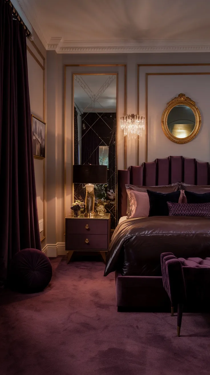 A stylish bedroom featuring floor-to-ceiling dark purple drapes, a luxurious bed, and elegant decor.