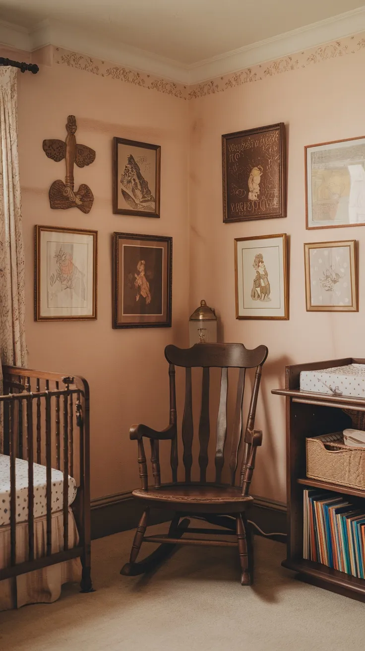 A cozy nursery corner featuring framed illustrations on pink walls with a wooden crib and rocking chair.