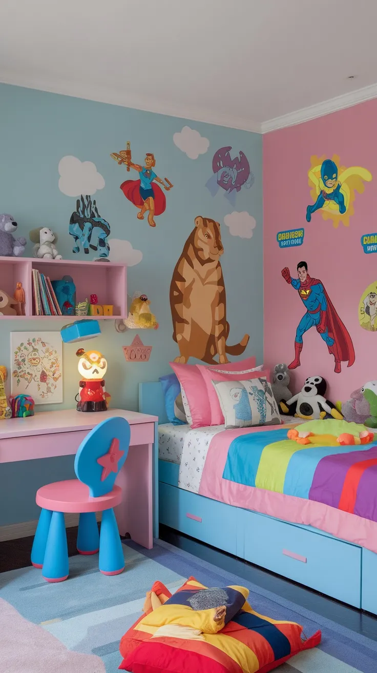 Colorful boys bedroom with superhero wall decals and playful decor