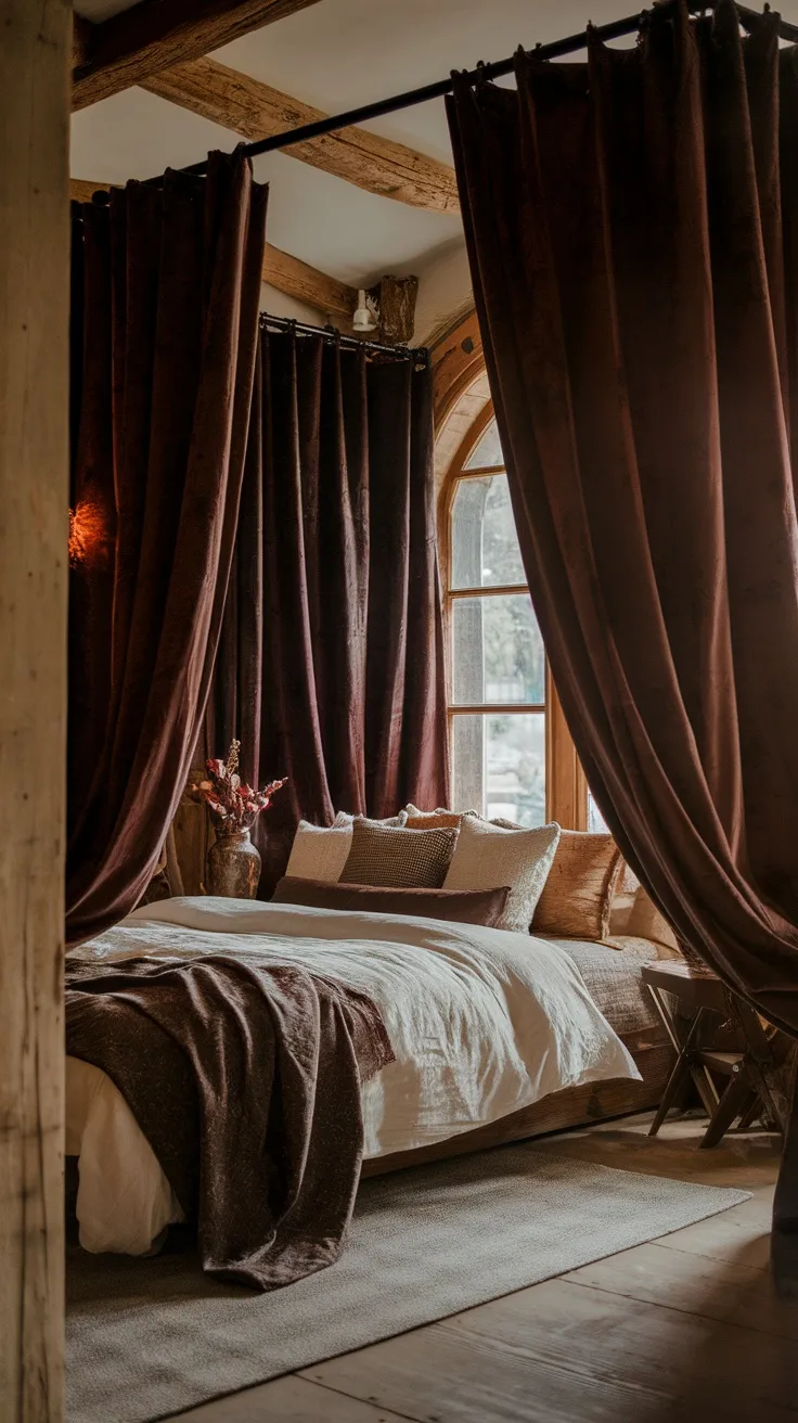 A cozy dark bedroom featuring heavy velvet curtains, a comfortable bed with textured pillows, and wooden beams.