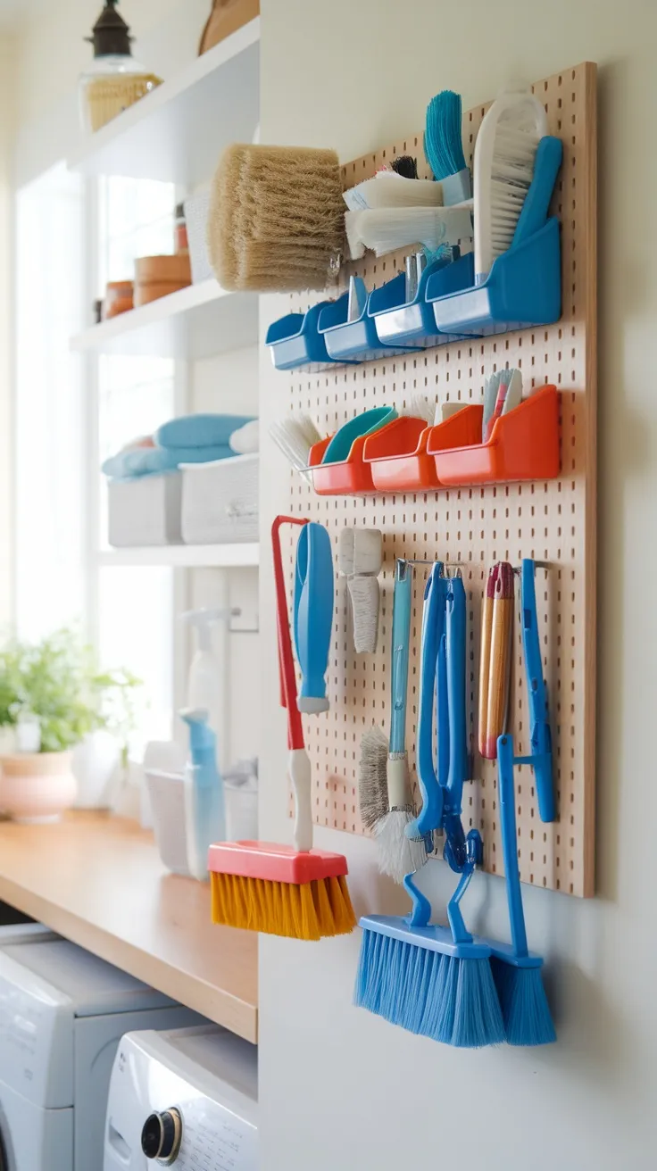 Pegboard with cleaning tools and brushes organized in a laundry room.
