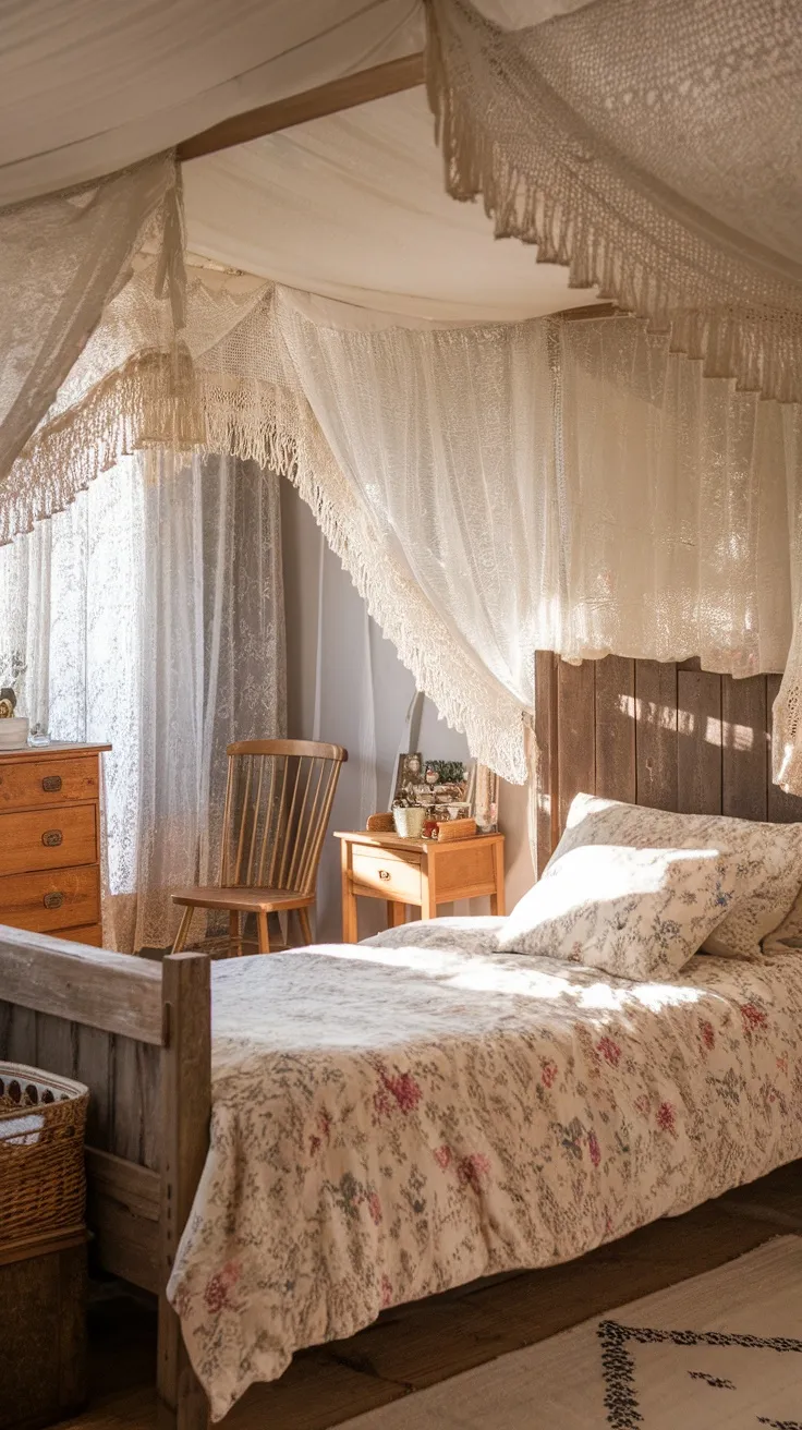 A cozy bedroom with lace curtains, a wooden bed, and floral bedding