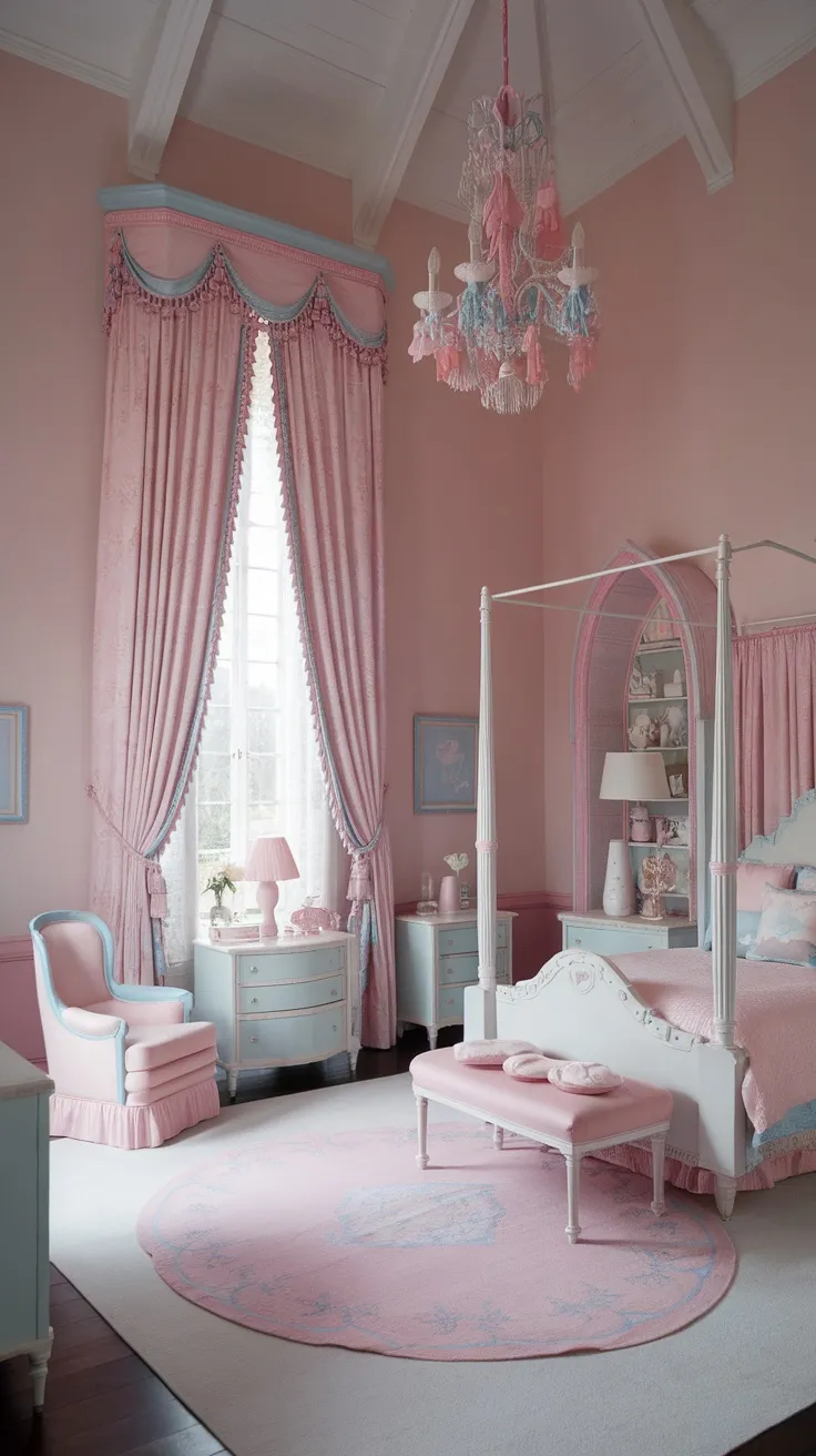 A vintage princess aesthetic bedroom with long pink curtains, a chandelier, and pastel furniture.