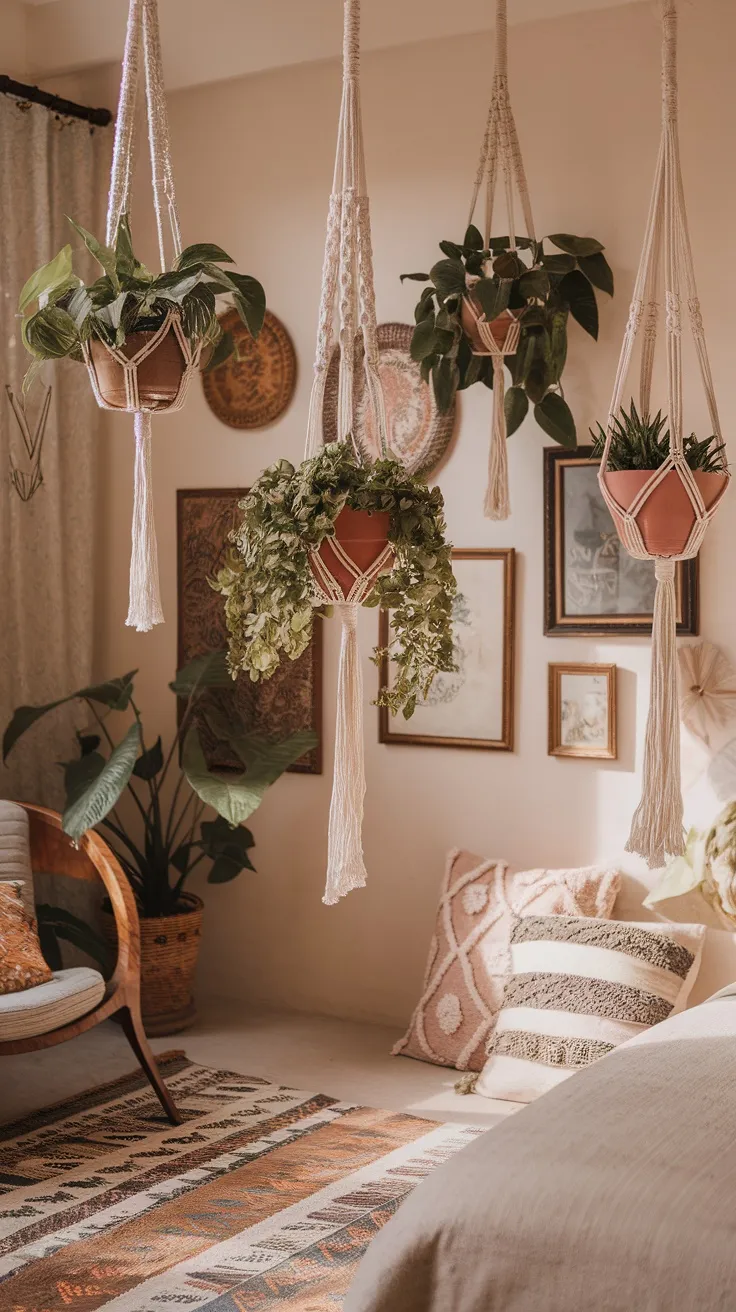 A cozy bedroom with macrame plant holders hanging from the ceiling filled with various plants, showcasing a boho-chic decor style.