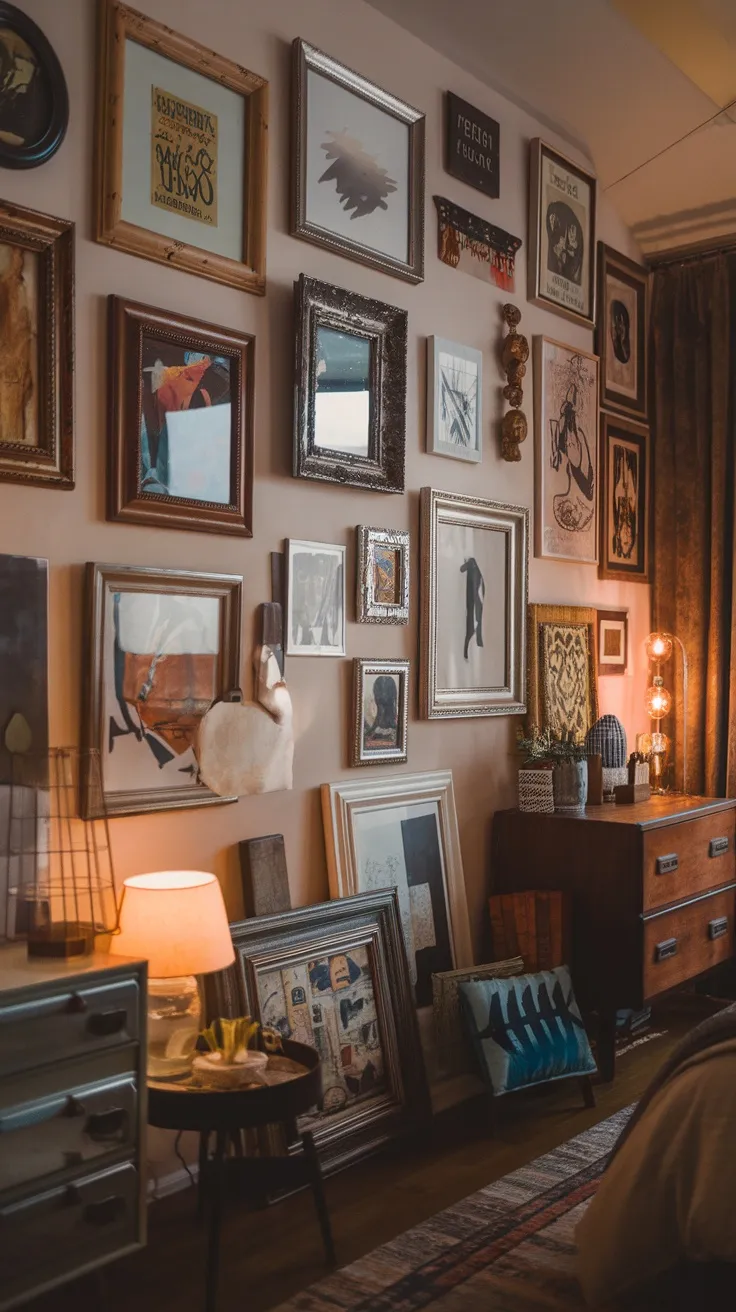 A cozy bedroom wall filled with mismatched art pieces in different frames.