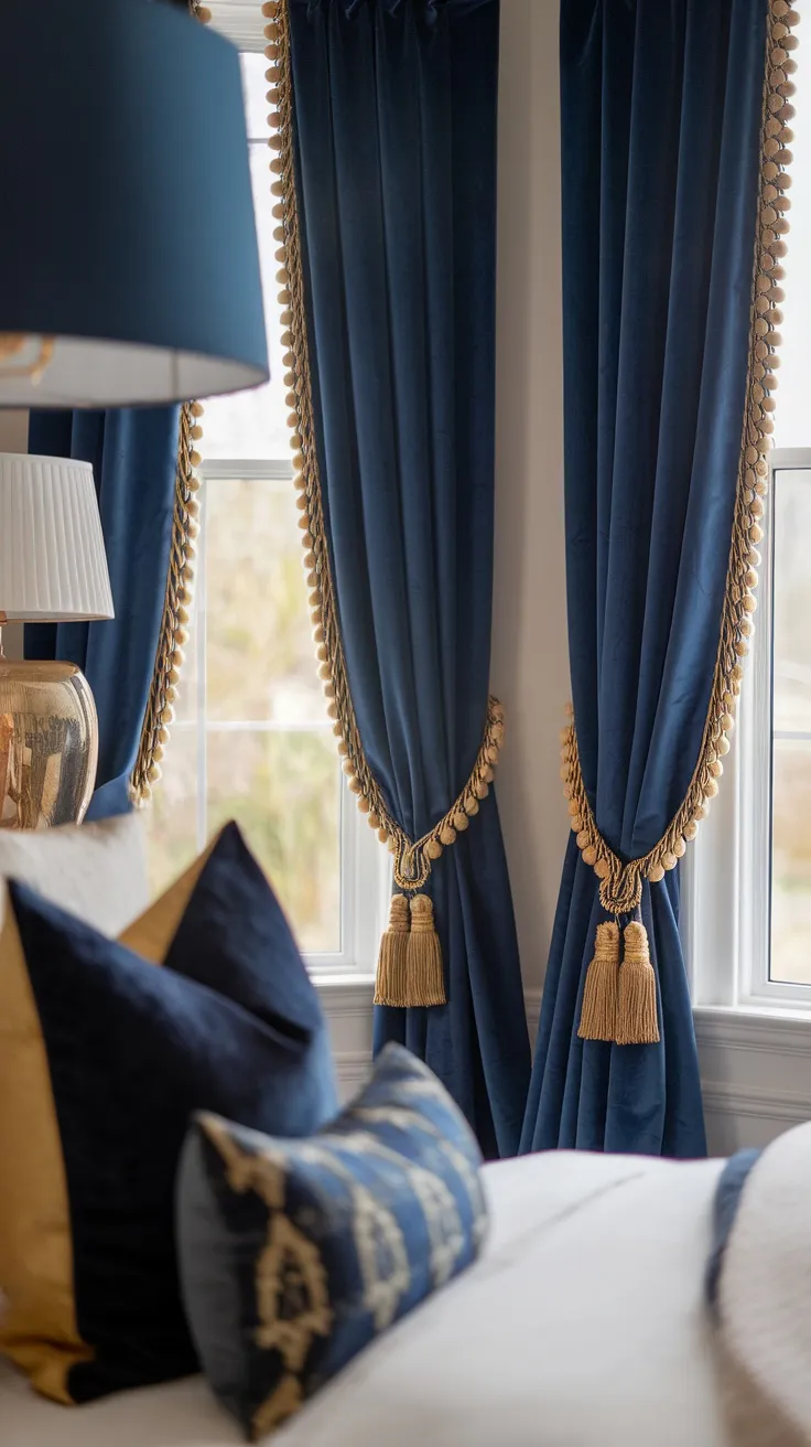 Navy curtains with gold tiebacks in a cozy bedroom setting