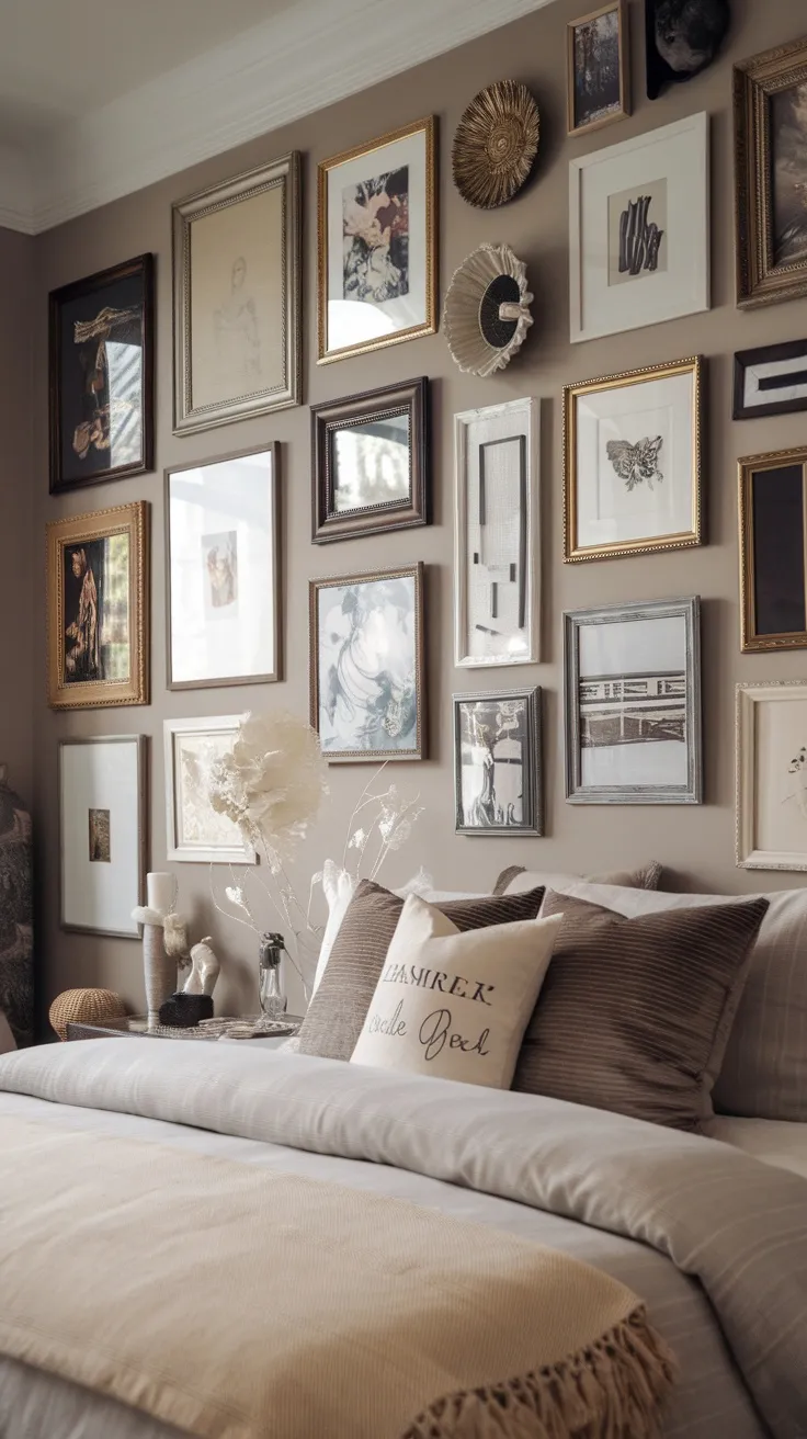 A cozy bedroom featuring a gallery wall of various framed artworks above the bed.