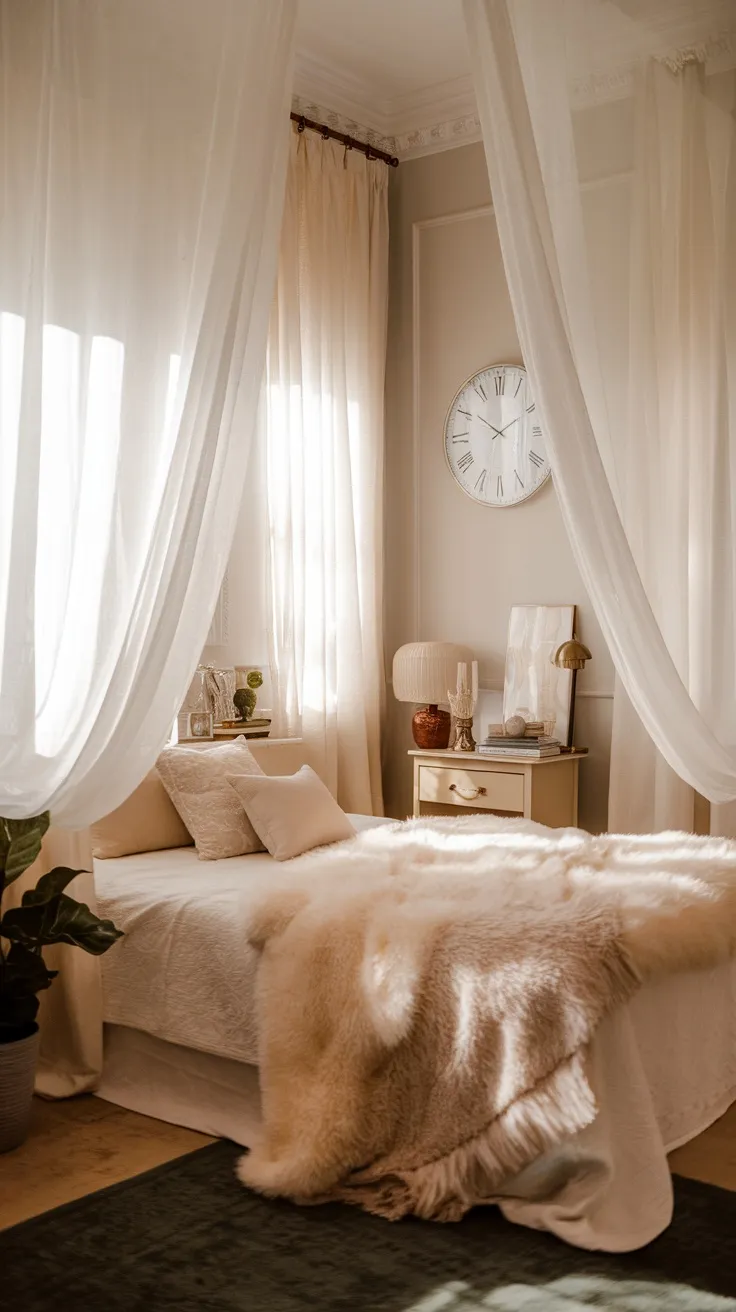 A cozy bedroom with sheer drapes allowing natural light in, featuring a clock and soft bedding.