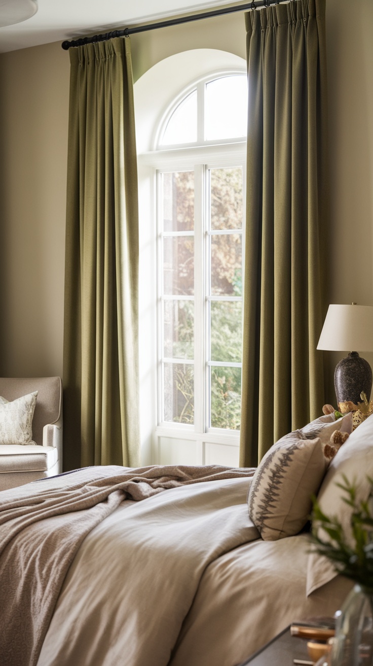 A cozy bedroom featuring olive green curtains hanging elegantly by a window with soft, neutral bedding.
