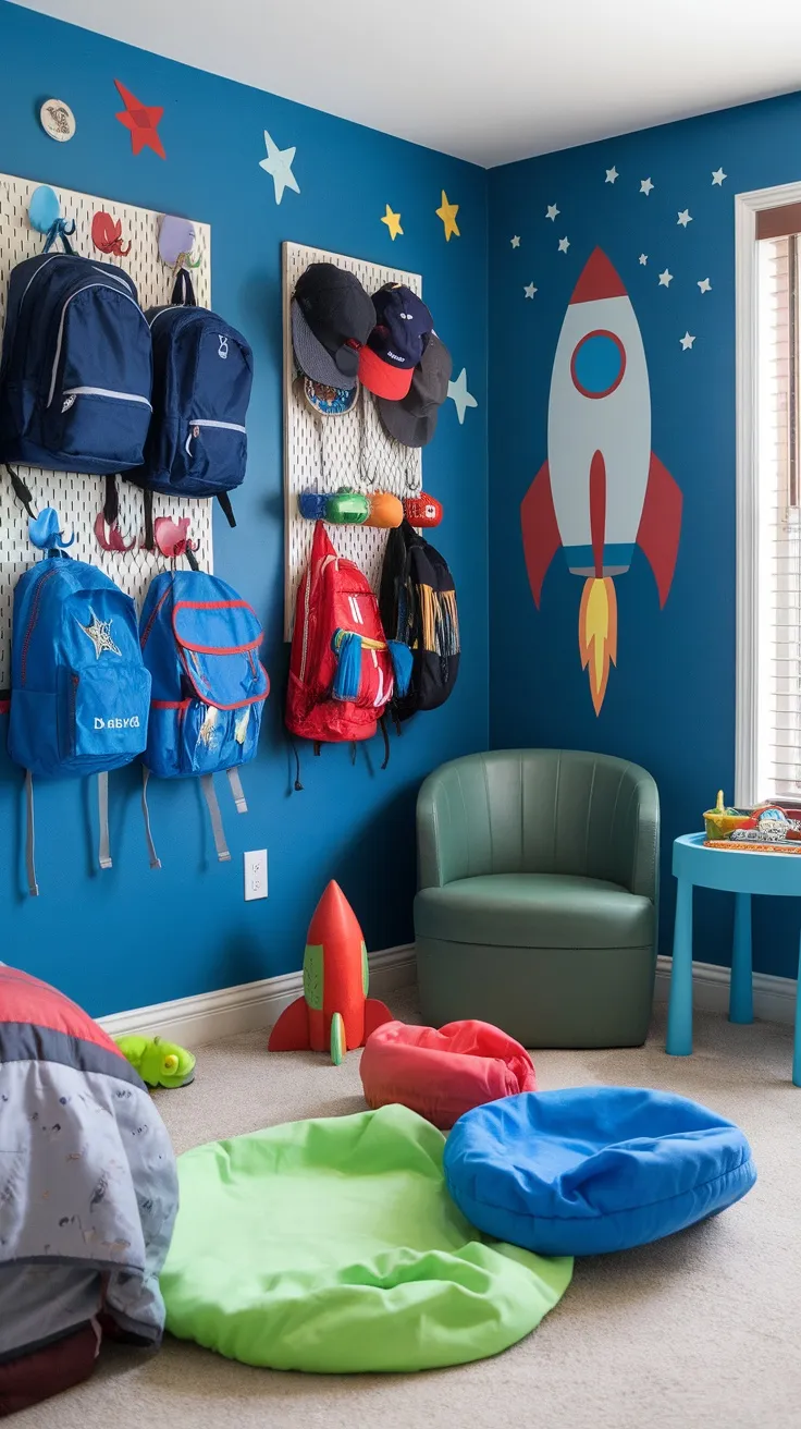 A bright blue boys' bedroom with pegboards holding backpacks and hats, colorful bean bags, and a rocket decoration.