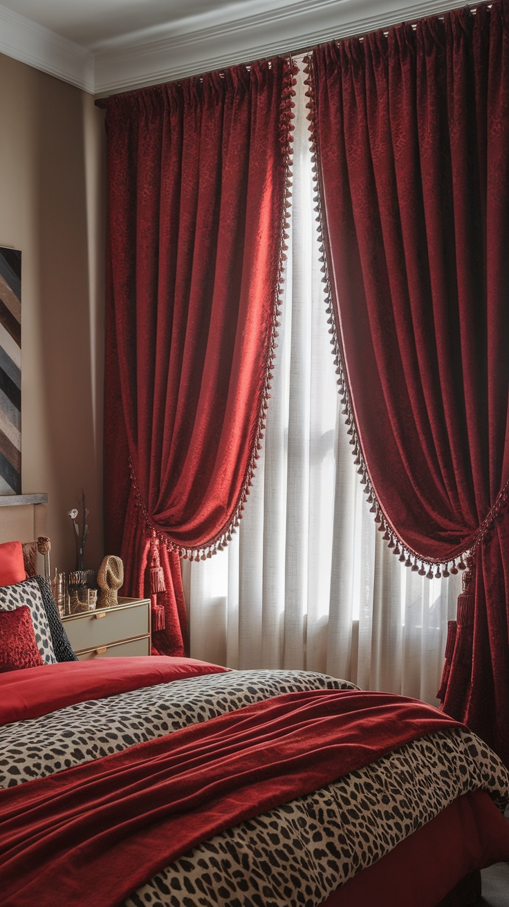 A stylish bedroom featuring red curtains and leopard print bedding.