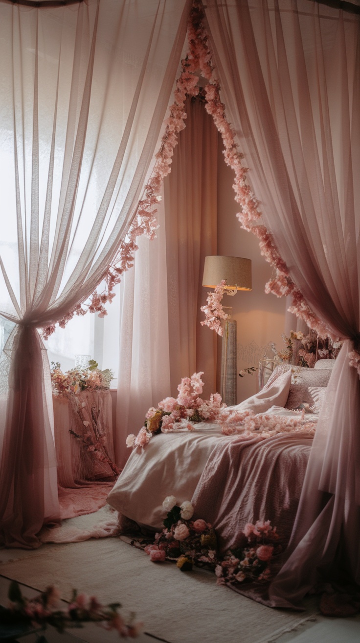 A cozy bedroom featuring sheer dusty pink curtains, soft bedding, and floral decorations.