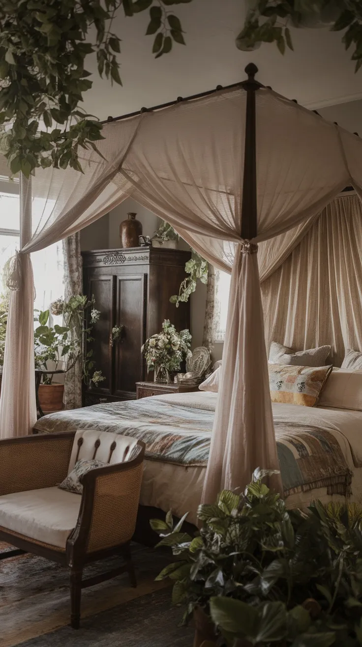 A cozy bedroom featuring soft canopy curtains around a bed, with plants and antique furniture.