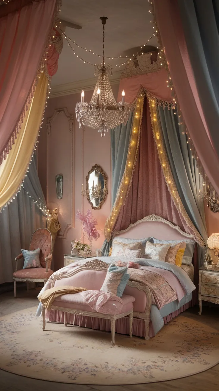 A vintage princess bedroom with soft, colorful curtains, a chandelier, and a cozy bed.