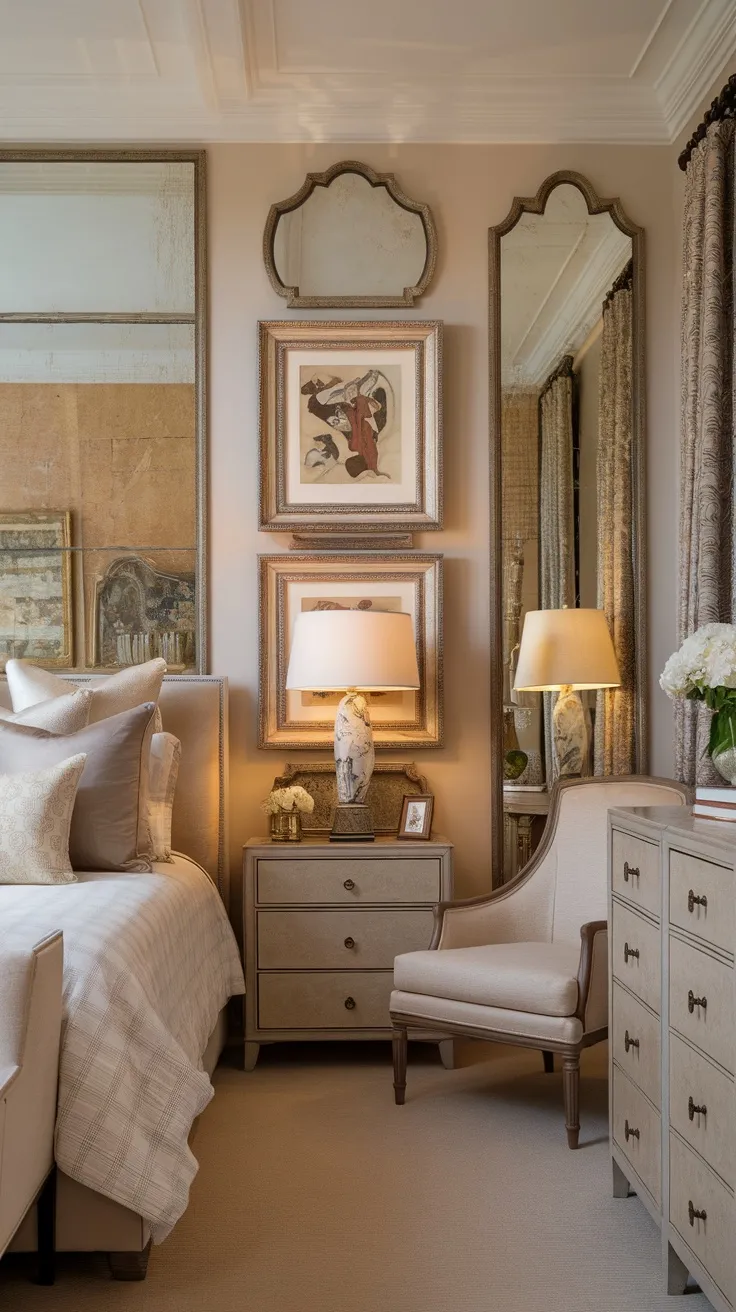 A traditional bedroom featuring modern frames with artwork, surrounded by mirrors and warm lighting.