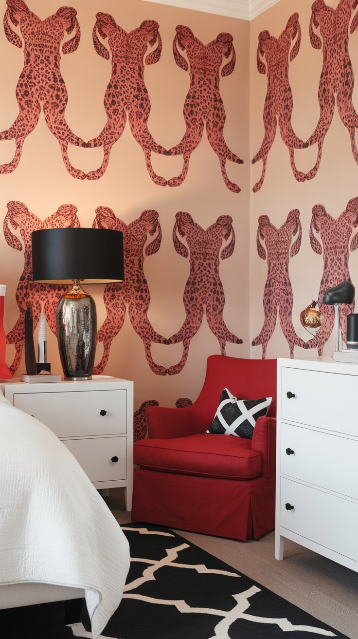 A stylish bedroom featuring cheetah patterned wallpaper and a red chair.