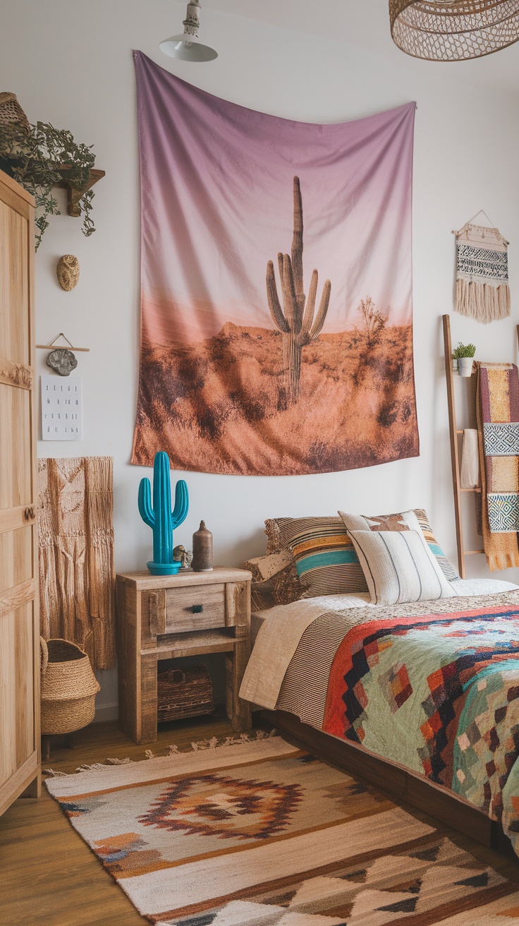 A cozy bedroom featuring desert-inspired decor with a cactus tapestry, colorful bedding, and wooden furniture.