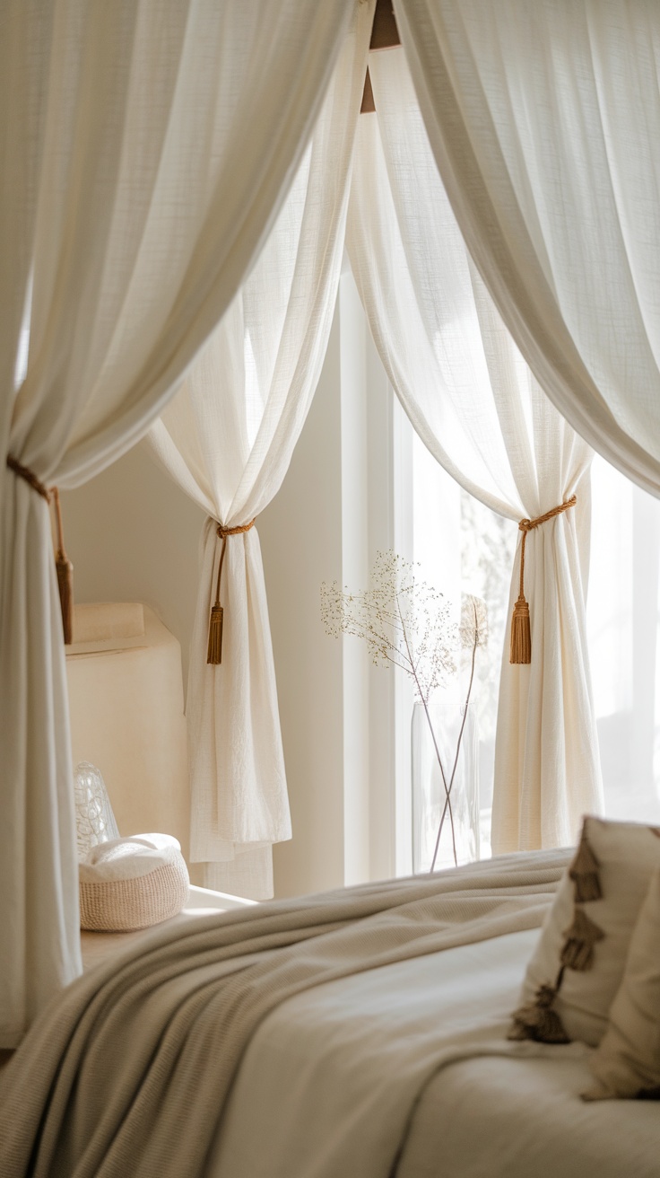 Bright bedroom with white curtains and cream tiebacks, showcasing a cozy and stylish atmosphere.