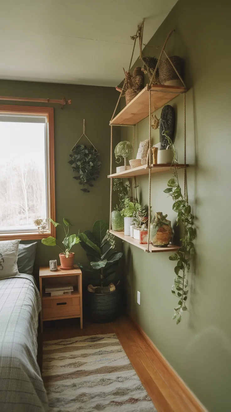A cozy bedroom with wooden shelves filled with plants and nature decor on green walls.
