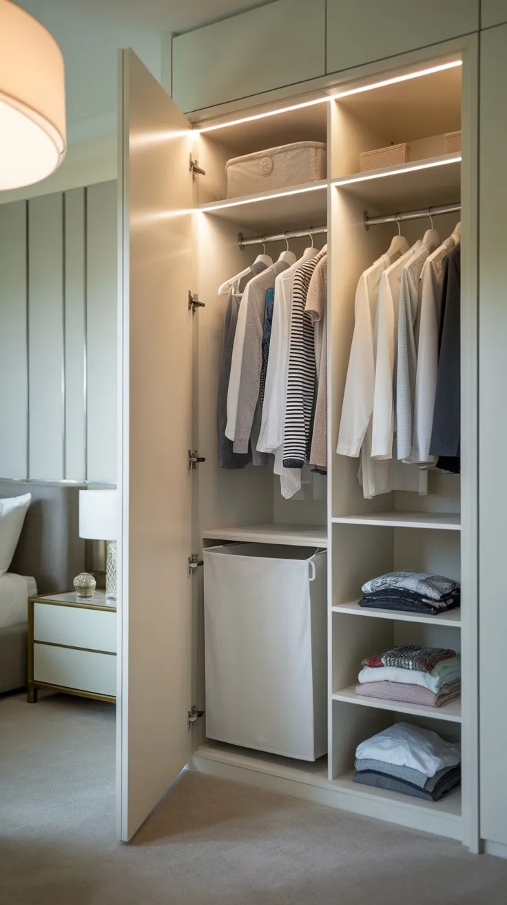 Interior of a closet featuring hanging clothes, shelves with folded items, and a built-in laundry hamper.