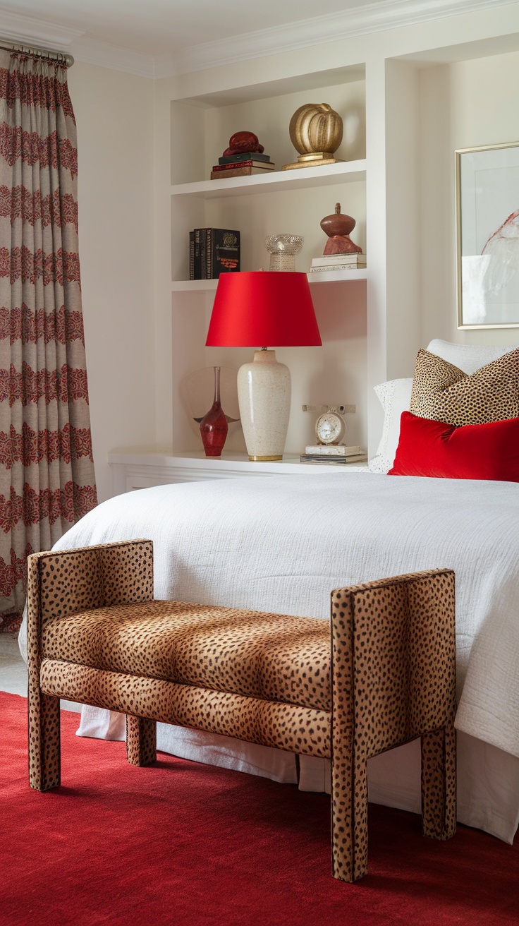 A cozy bedroom featuring a cheetah print bench, red pillows, and warm decor