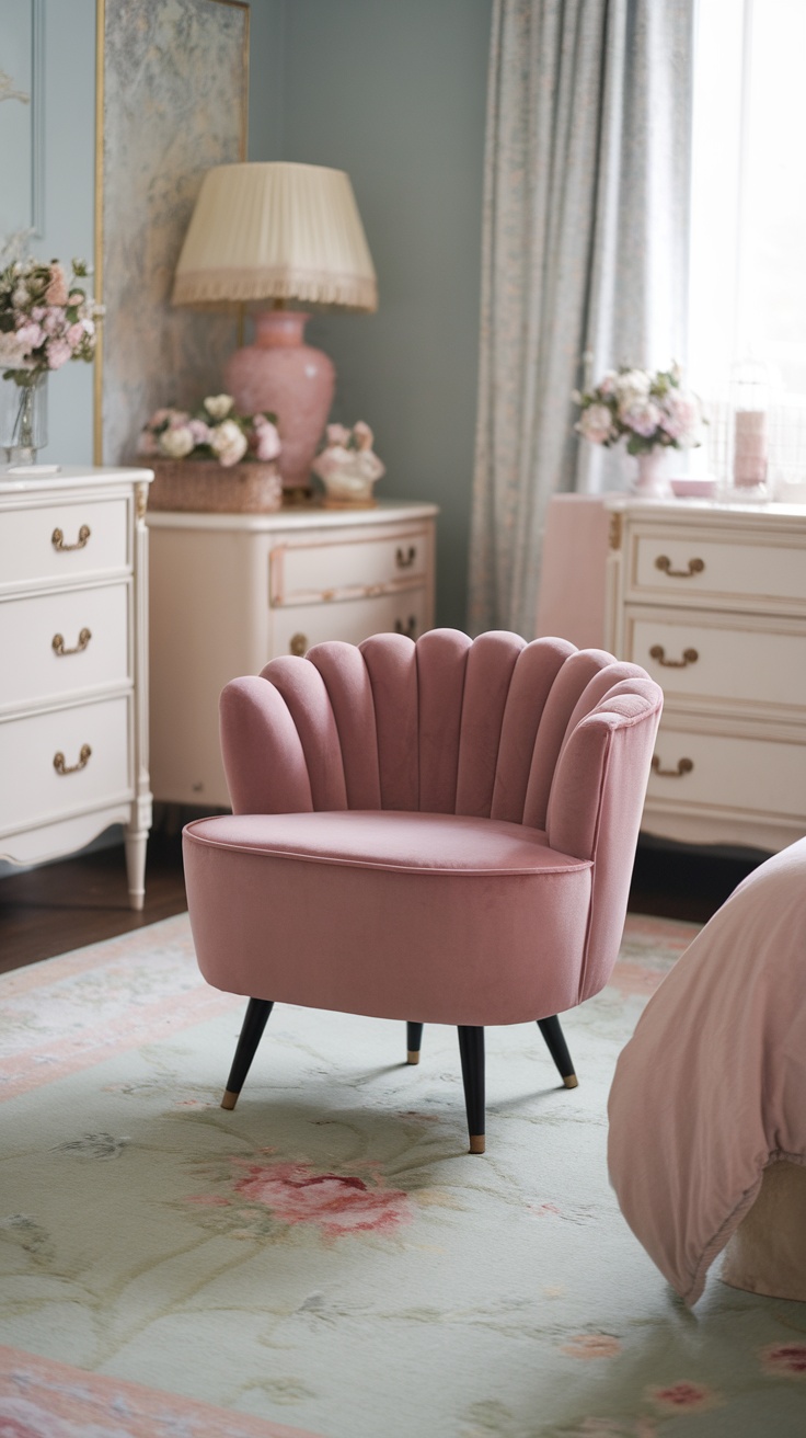 Dusty pink velvet chair in a cozy bedroom setting with light furniture and floral decor.