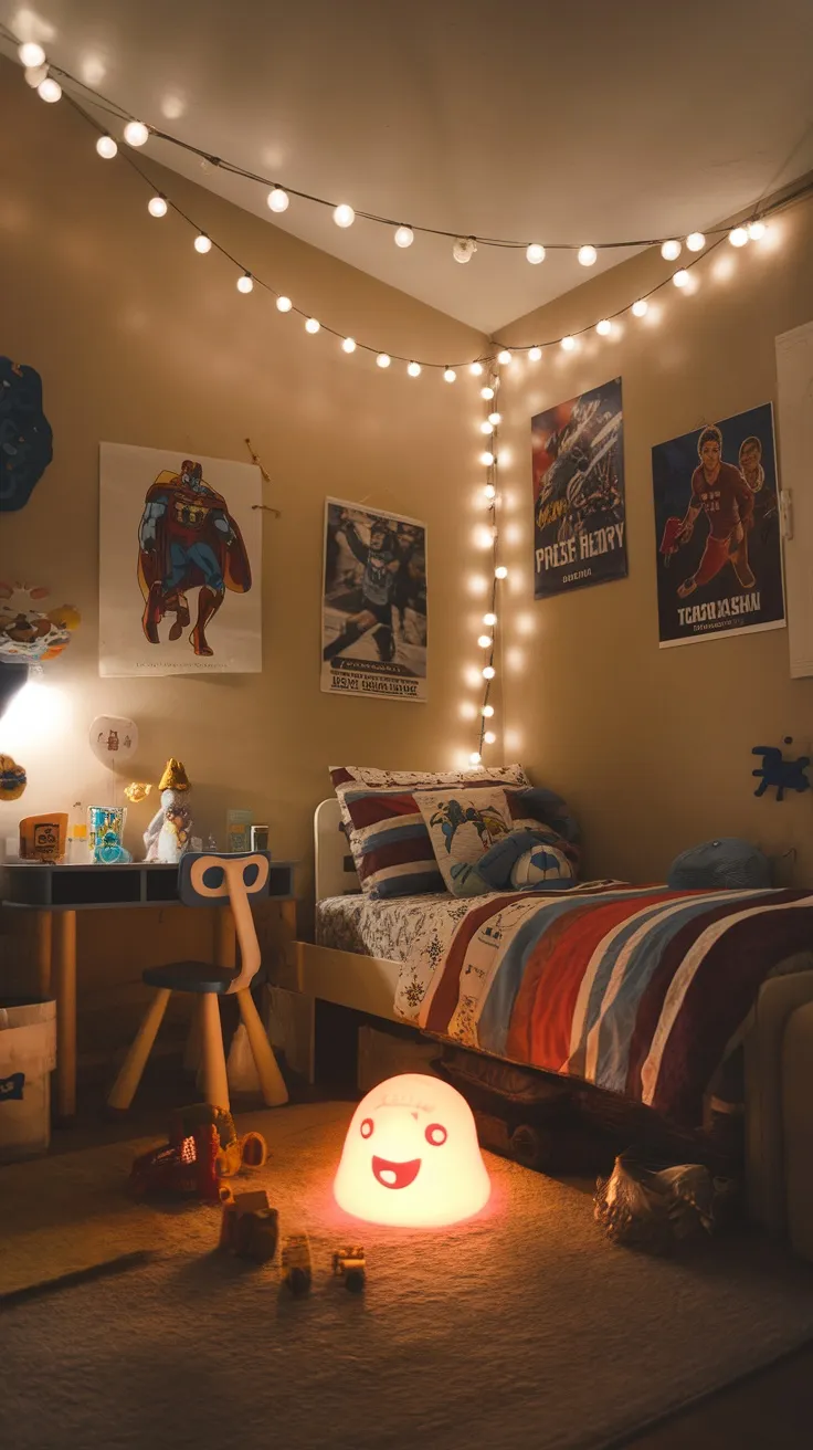 A cozy boy's bedroom with a glowing ghost nightlight and string lights, creating a warm atmosphere.