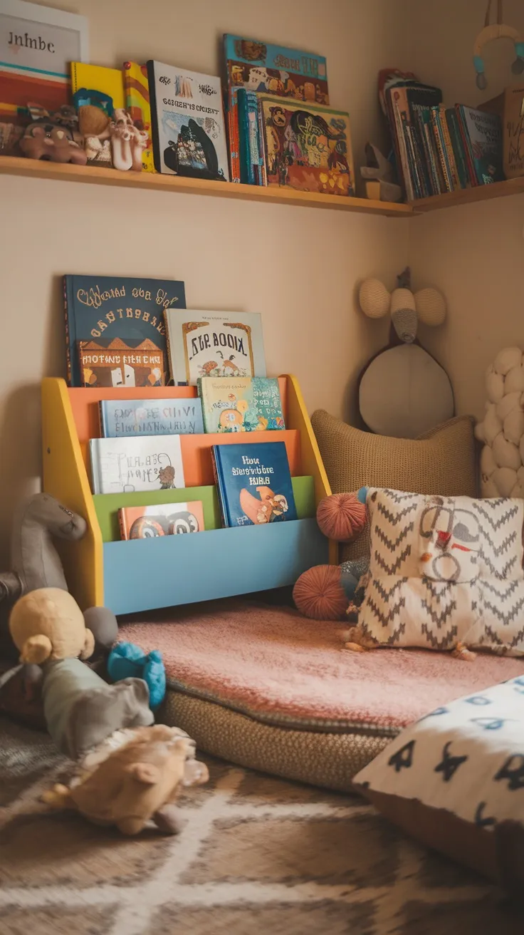 A small, colorful bookshelf filled with children's books in a cozy corner with cushions and plush toys.