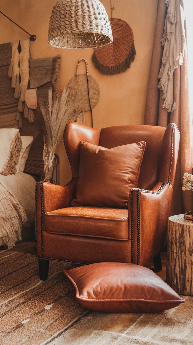 A cozy leather chair with a pillow in a Western Boho styled bedroom, surrounded by soft textures and warm colors.