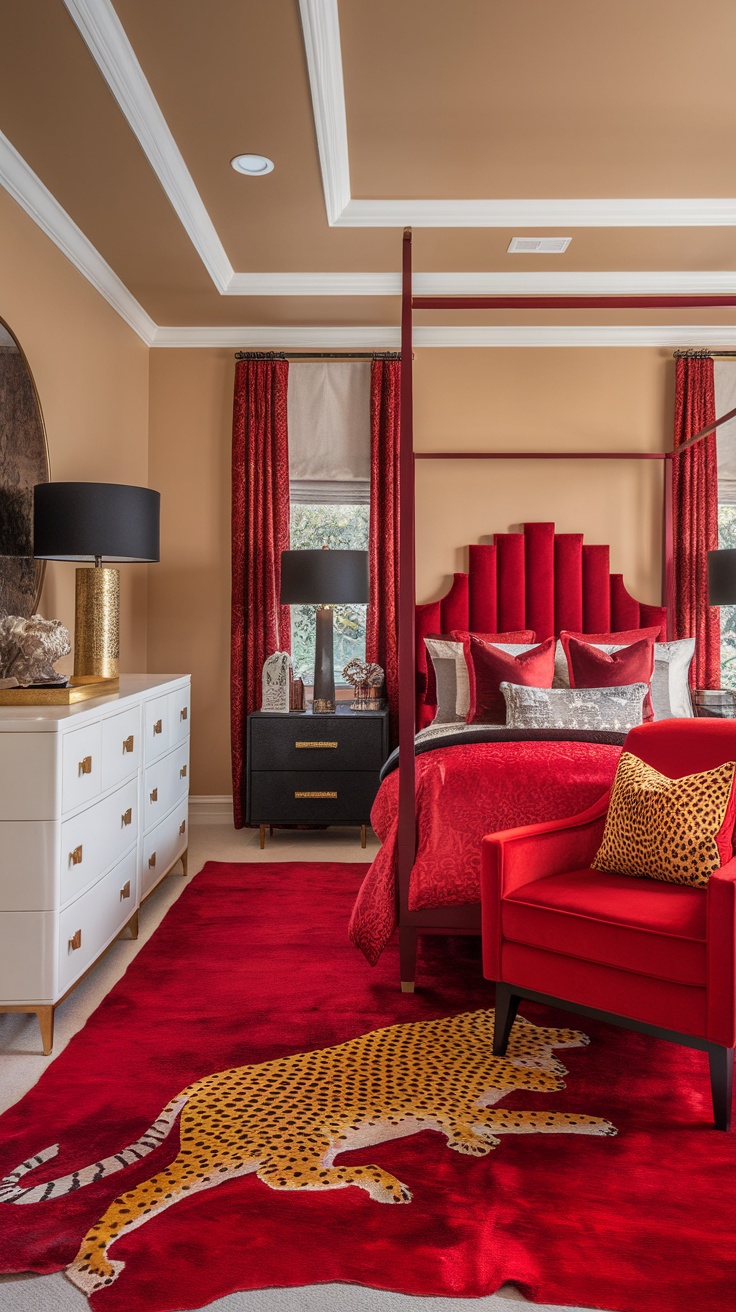 A chic bedroom featuring a cheetah print rug, red decor, and elegant lighting.