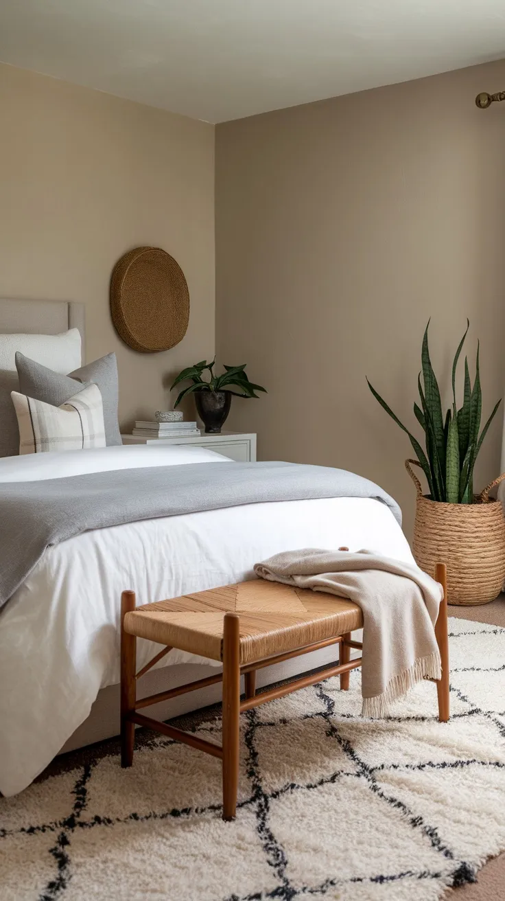 A cozy bedroom featuring a small woven bench at the foot of the bed, with neutral tones and soft textures.