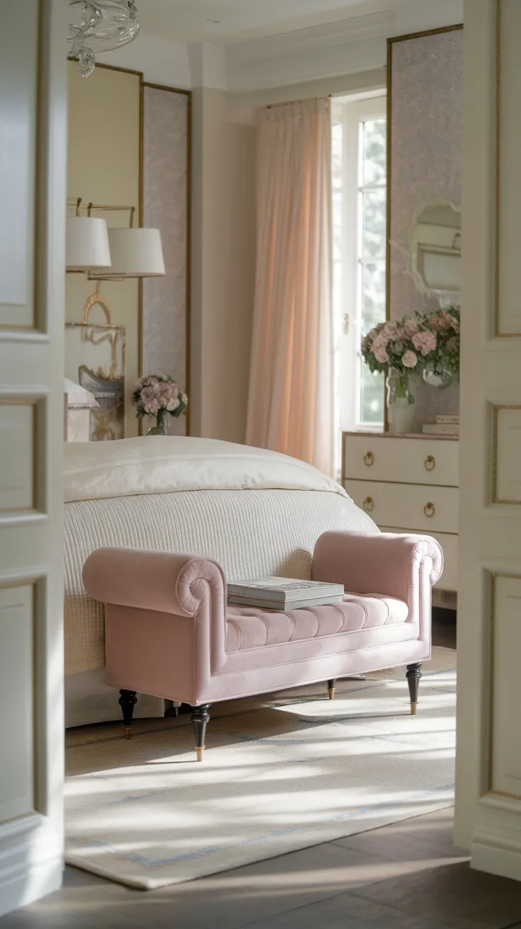 A cozy bedroom featuring a soft pink bench at the foot of the bed, enhancing the stylish decor.