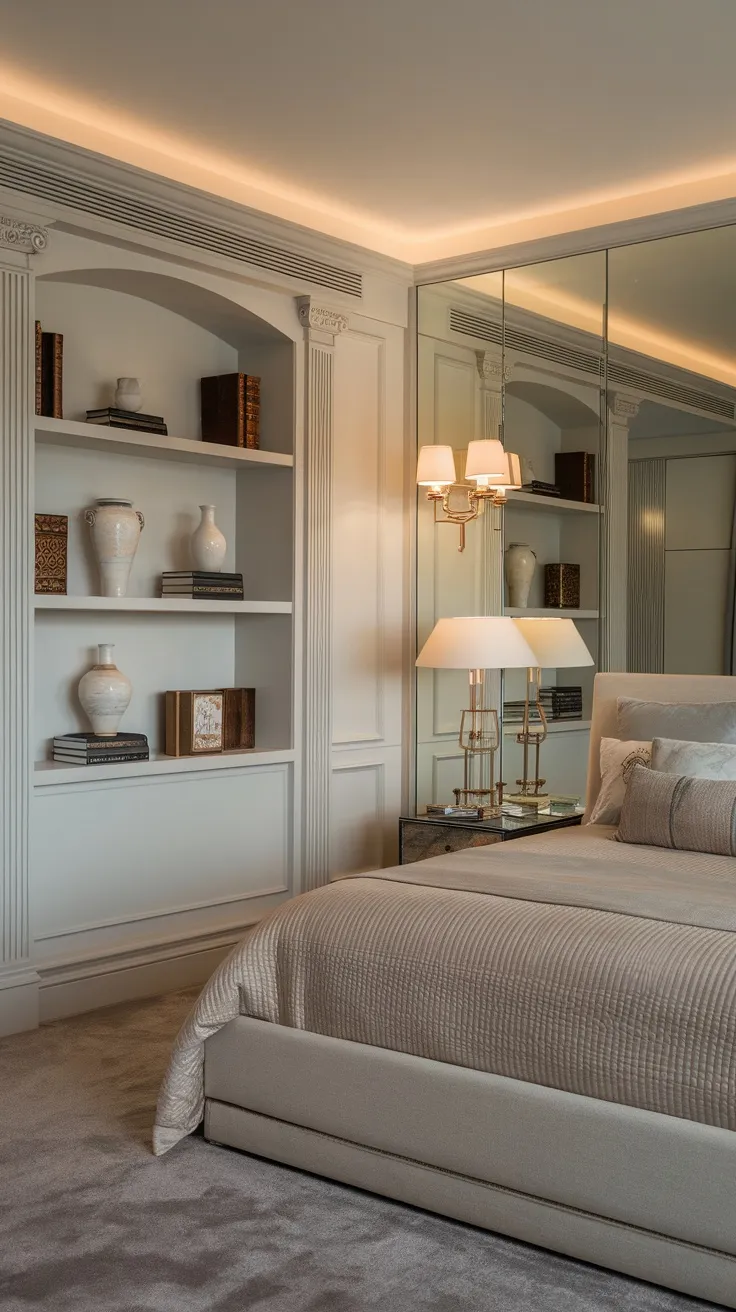 A cozy modern traditional bedroom featuring built-in shelves with decorative items and books.