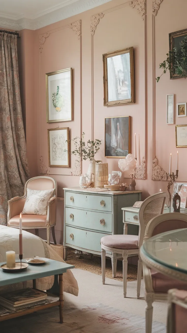 A French-inspired bedroom featuring pastel walls and an arrangement of framed prints and artwork.