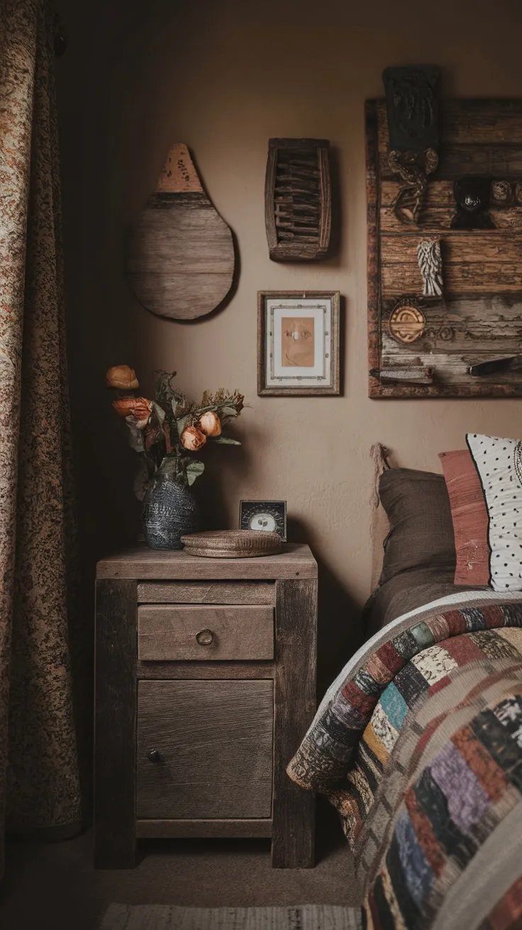 A cozy bedroom featuring a wooden nightstand, vintage decor, and a colorful patchwork quilt.