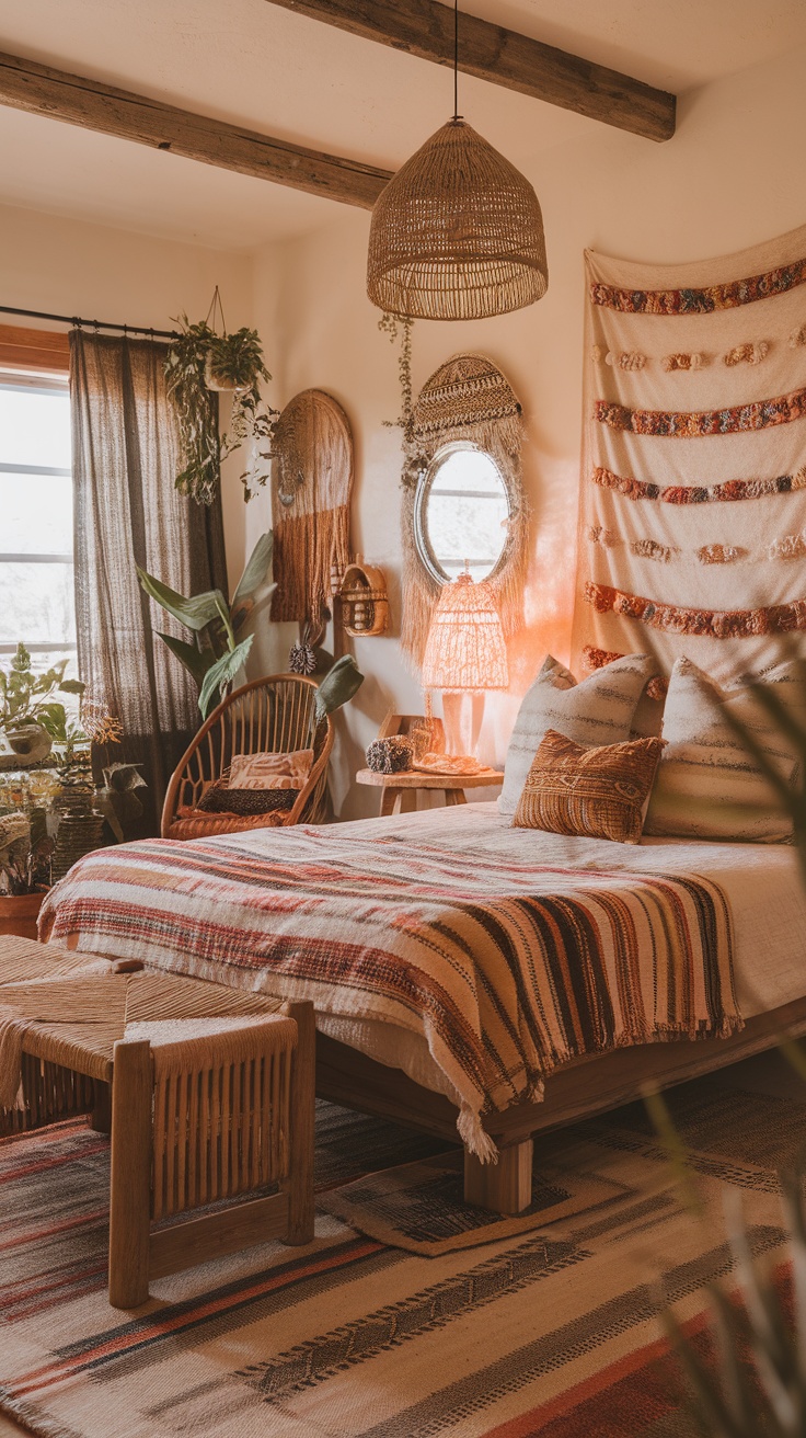 A cozy boho bedroom featuring rustic wooden furniture, a striped blanket, and plants.