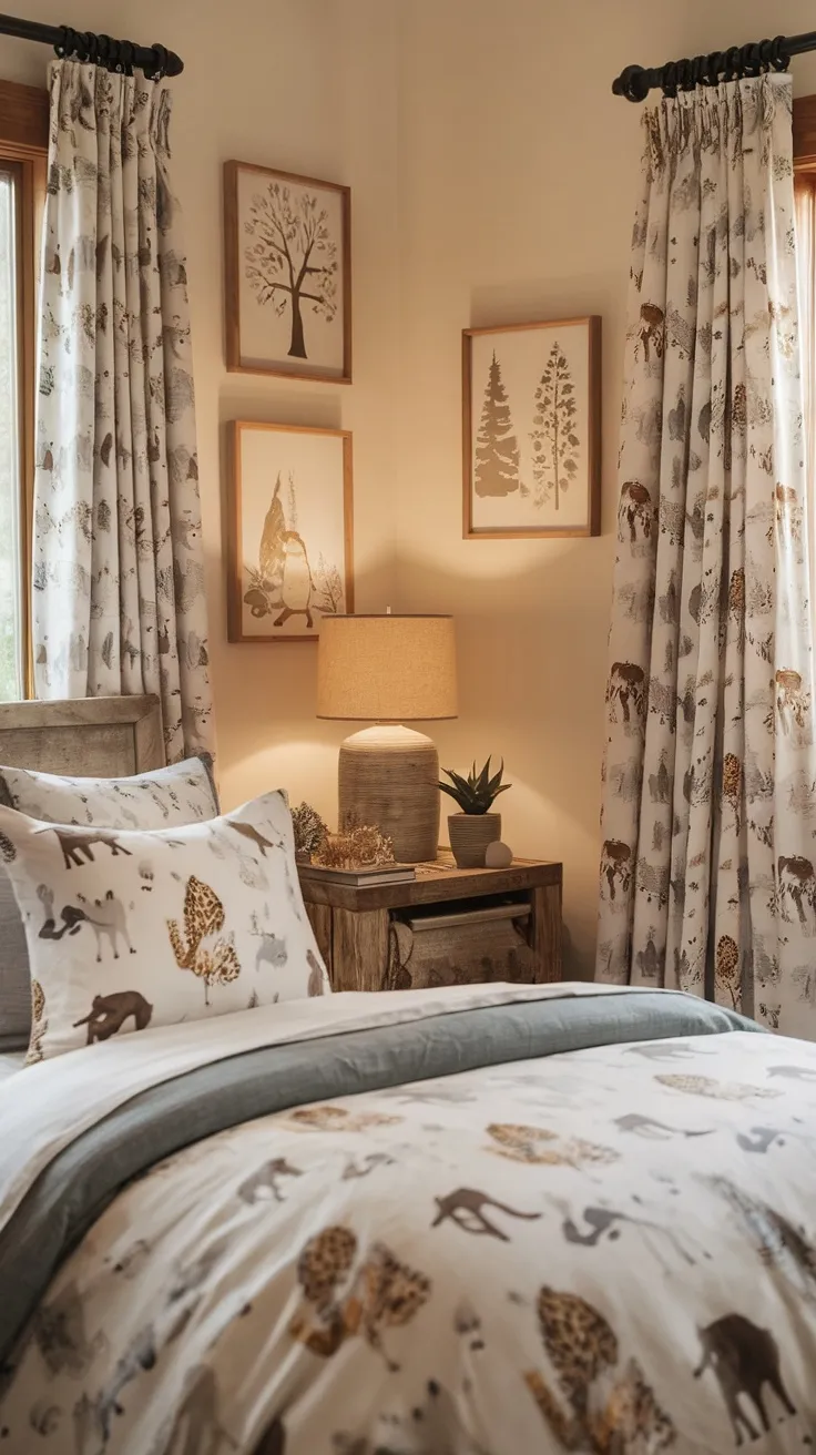 Cozy bedroom featuring woodland animal prints on bedding and curtains, with nature-themed wall art.