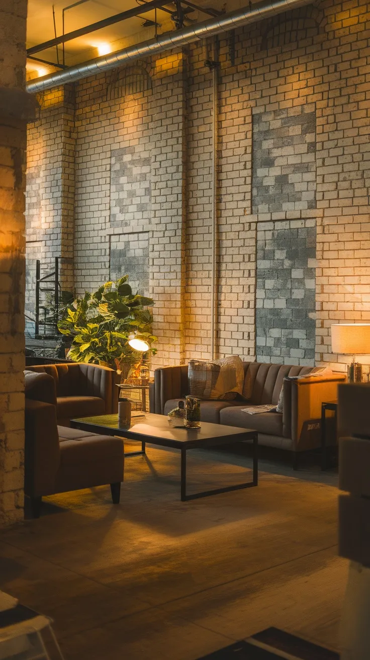 Cozy living room with a brick-style wall, modern furniture, and plants.
