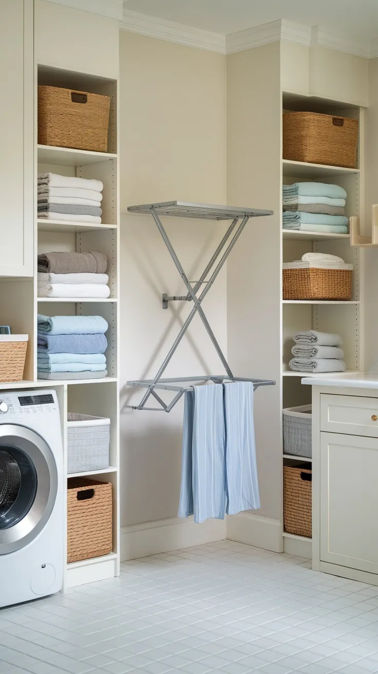 A foldable drying rack mounted on a wall in a tidy laundry room.