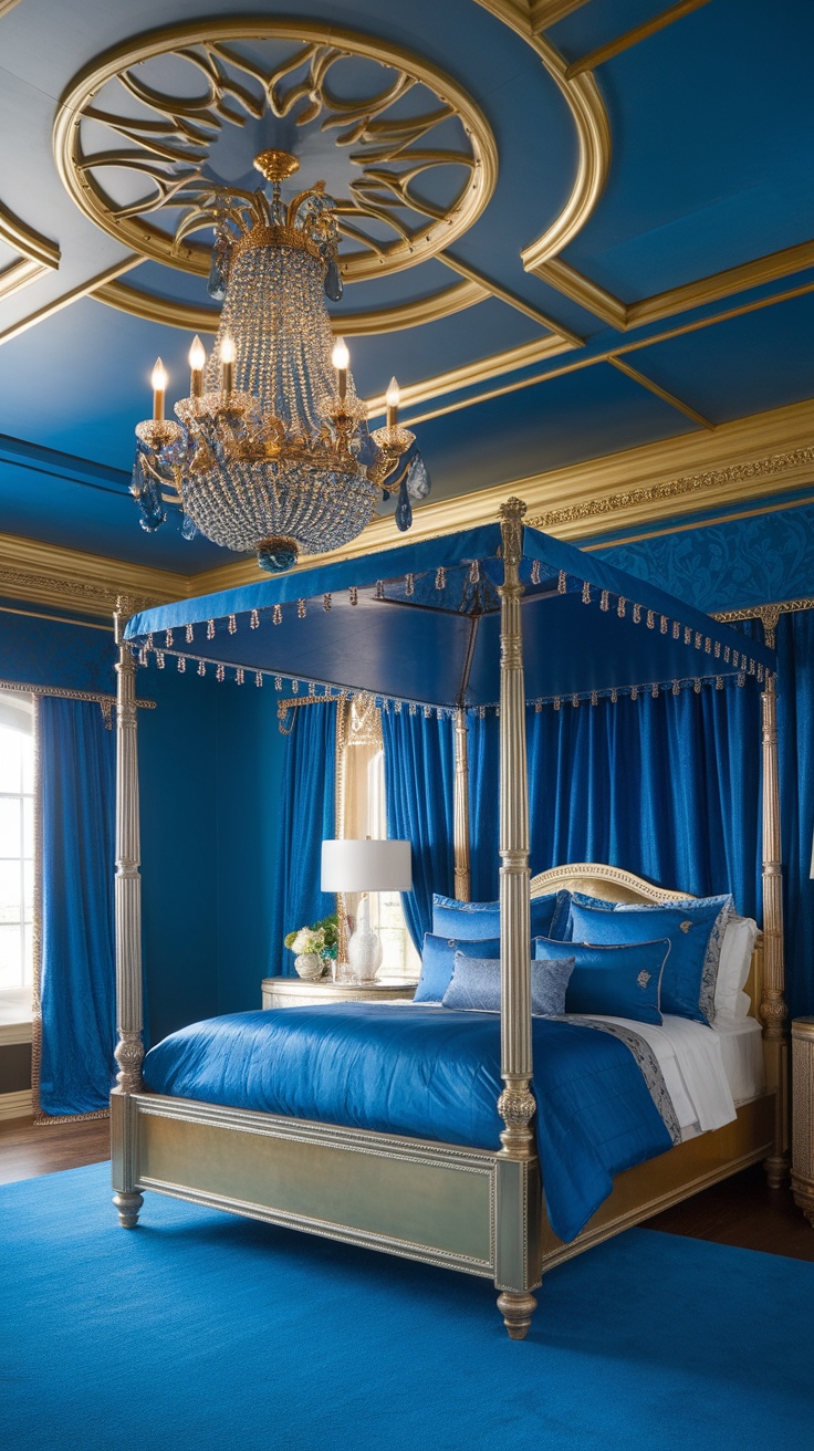 A luxurious bedroom featuring a gold chandelier with blue crystal details, a four-poster bed, and rich blue decor elements.