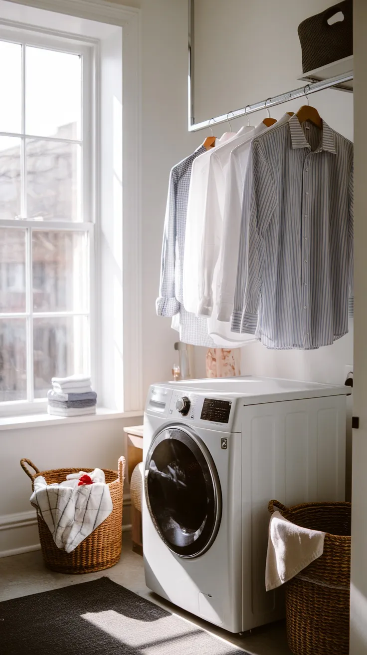 A laundry room with a washing machine, hanging shirts on a rod, and baskets for laundry.