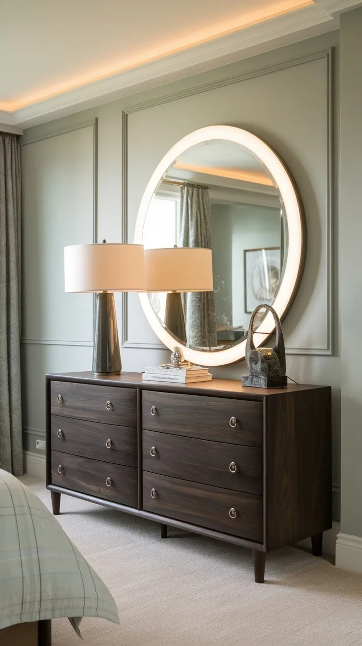 A stylish dresser with a lighted mirror, lamp, and decor items in a modern bedroom.