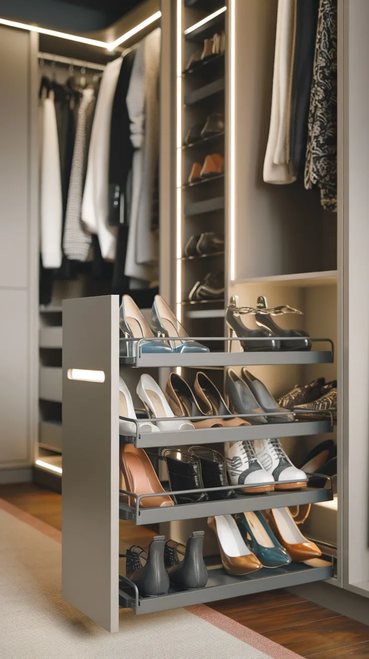 A modern pull-out shoe rack displaying various types of shoes in a stylish closet