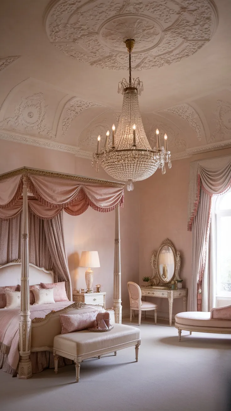 A luxurious vintage bedroom featuring a sparkling crystal chandelier, four-poster bed, and elegant decor.