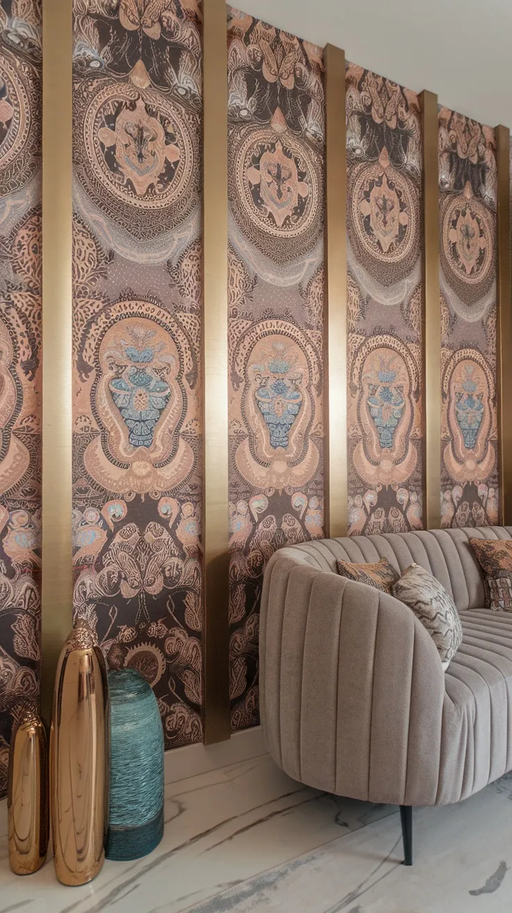A living room featuring a wallpapered panel with intricate designs and gold accents behind a modern sofa.