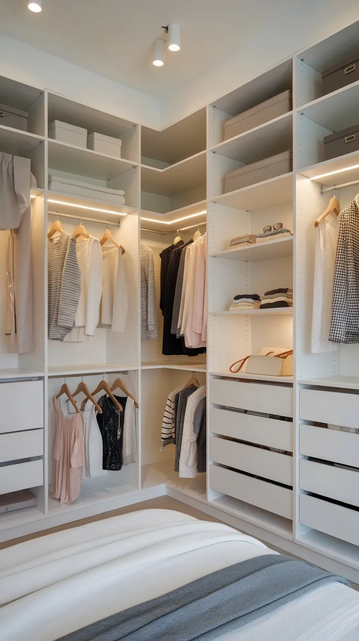 A modern closet with adjustable shelves and hanging rods, well organized with clothes and accessories