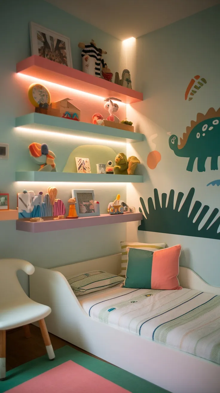 Colorful floating shelves displaying toys and decorations in a boy's bedroom